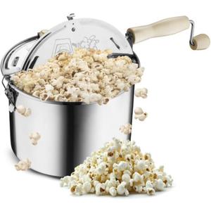 Stovetop Popcorn Maker - 6.5-Quart Stainless-Steel Popcorn Popper with a Hand Crank, Vented Lid, and Stir Paddle by Great Northern Popcorn (Silver)