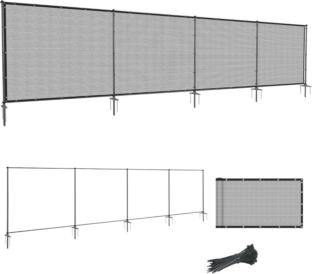 SunnyRoyal 5' x 24' Privacy Fence Screen Panel with Iron Poles Freestanding No Dig Heavy Duty Windscreen Mesh Fabric Temporary Dog Fencing for Outdoor Backyard Patio Garden (Light Gray)