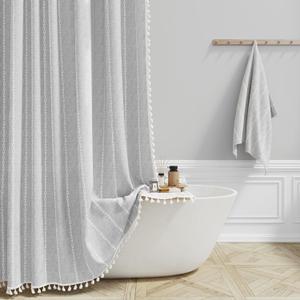 BTTN Stall Fabric Shower Curtain - 54x78 Boho Striped Linen Heavy Duty Tassel Shower Curtain Set with 10 Hooks, Narrow Rustic Modern Farmhouse Bohemian Thick Shower Curtains for Bathroom - Grey/Gray