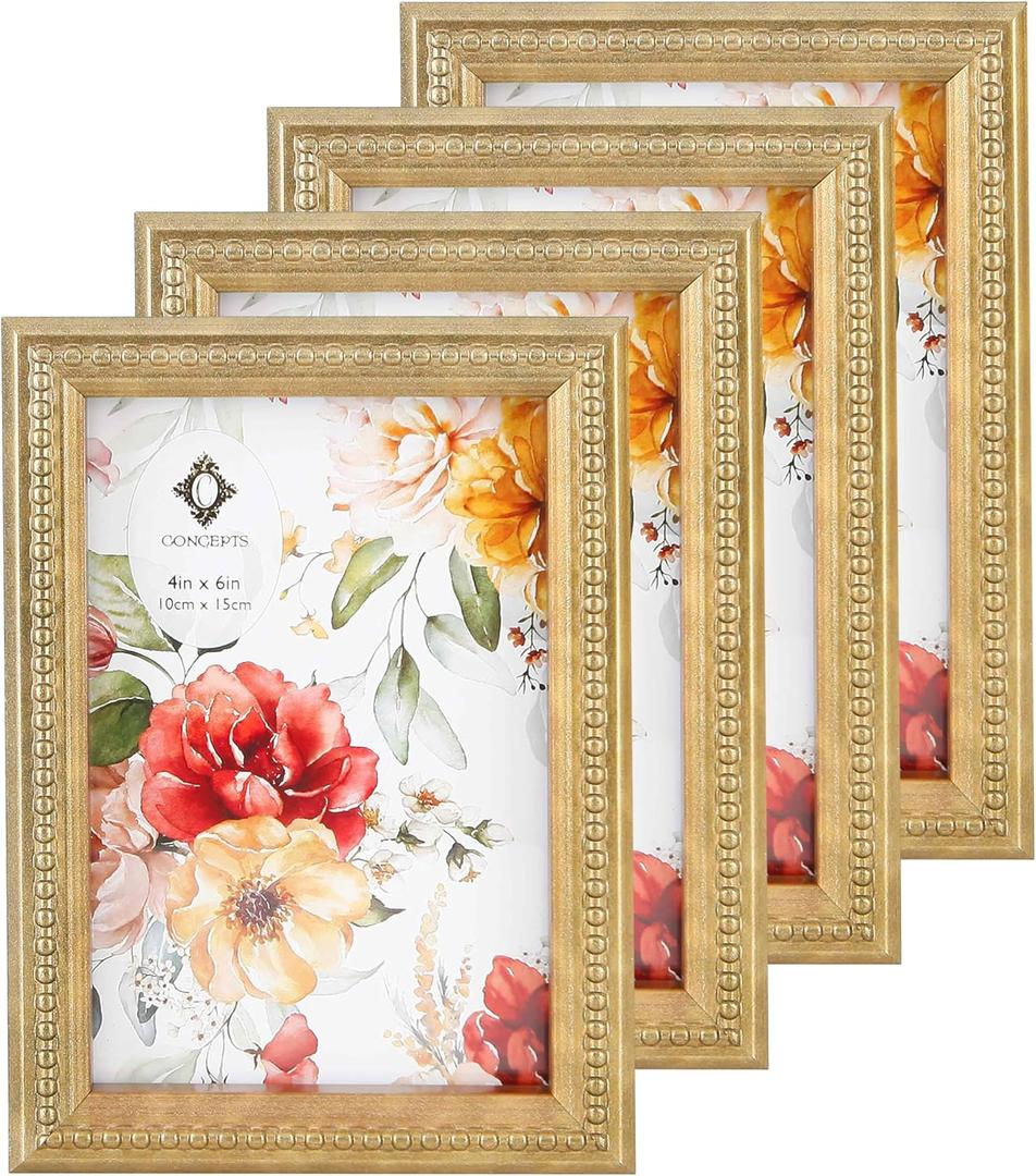 Concepts 4x6 Set Of 4 Gold Ornate Beaded Resin Picture Frames With HD Clear Glass, Extra Durable Photo Frames - Display Wallhung/Tabletop Vertically Or Horizontaly