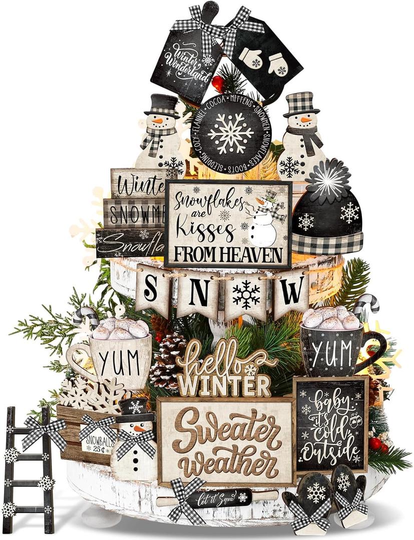 CroBlissful 23 Pcs Winter Tiered Tray Decor Snowman Farmhouse Decor Christmas Tiered Sign Winter Table Centerpieces Snowman Wood Blocks Signs for Home Shelf, Without Tray(Black, White,Snow)