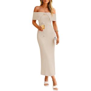 ZESICA Women's Off Shoulder Bodycon Maxi Dress 2026 Summer Ribbed Knit Cocktail Party Formal Sweater Dresses (Beige, XL)