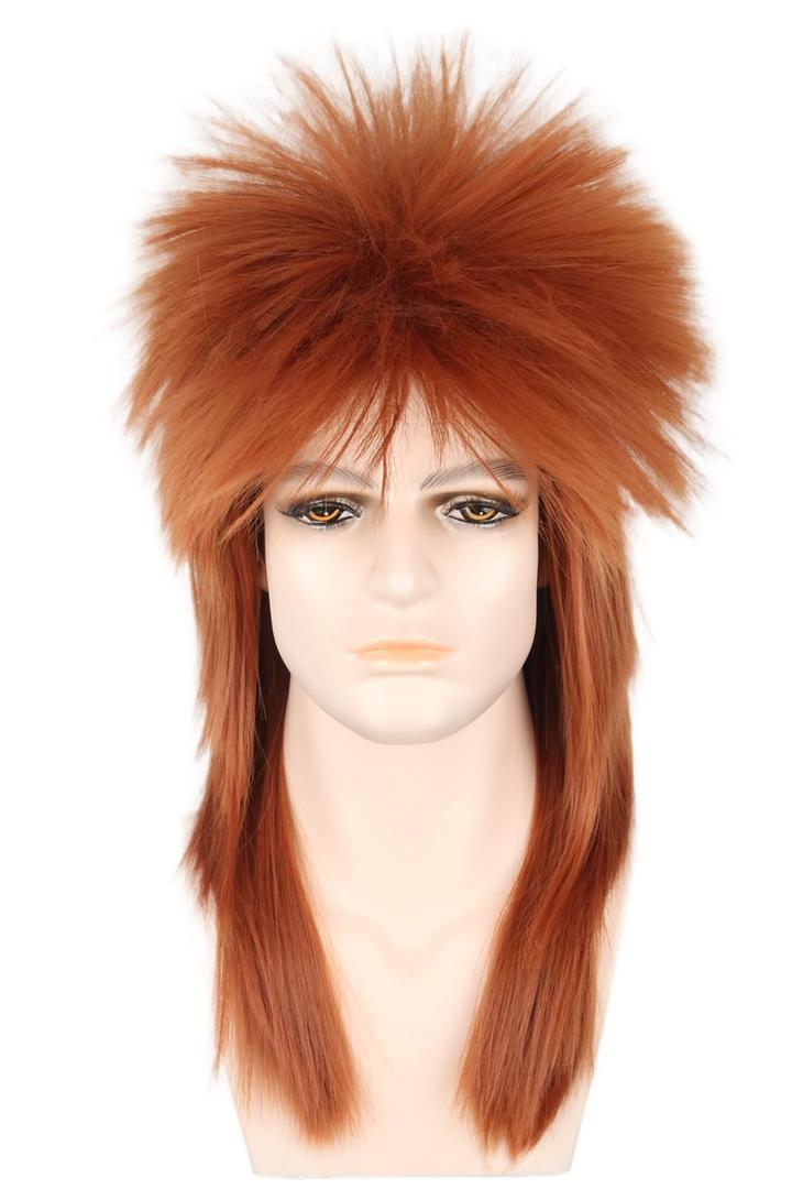 Orange Spiked Mullet Wigs for Men and Women 80s Heavy Metal Punk Rocker Wigs Halloween Costumes Funny Wig