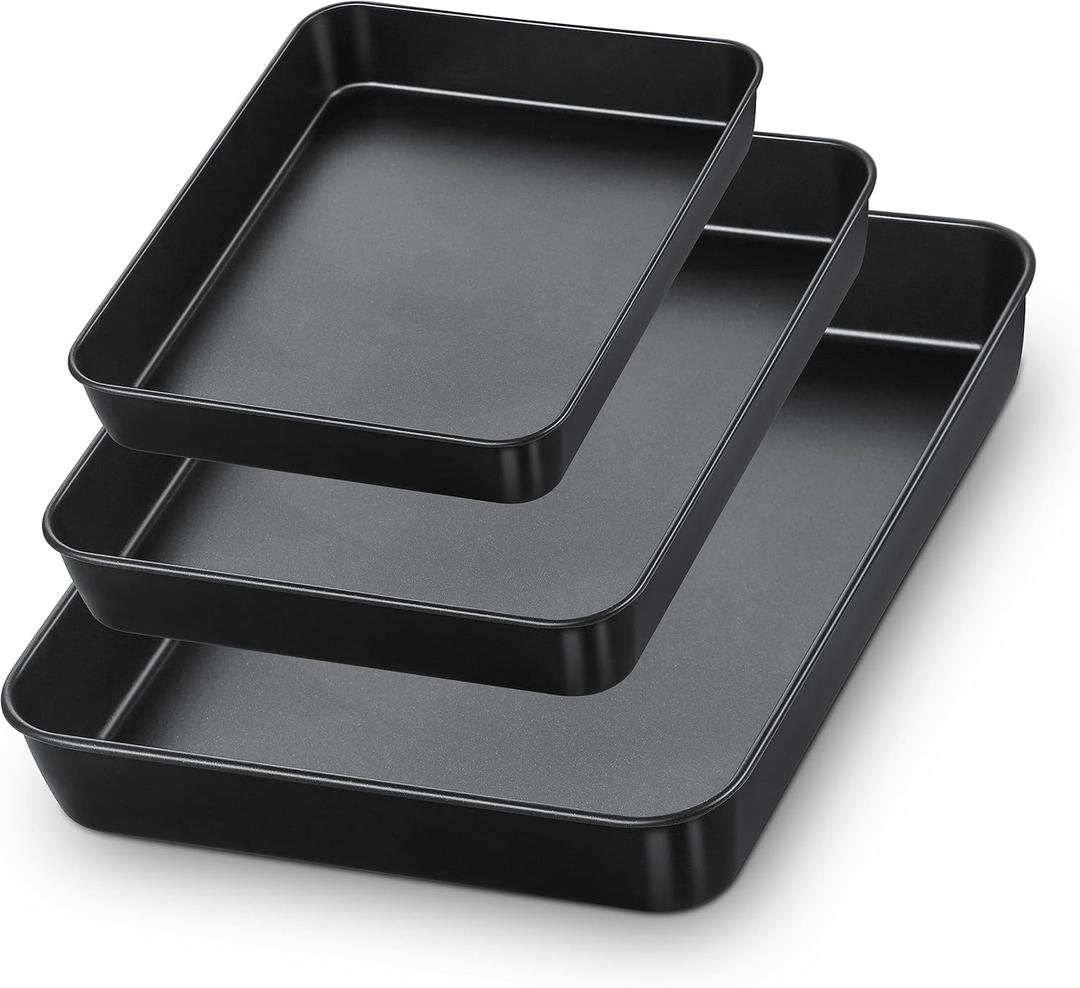 E-far Nonstick Baking Pans Set of 3, Rectangle Stainless Steel Sheet Cake Pan for Toaster Oven, 12.5/10.5/9.4 Inch, Black Bakeware for Brownie Lasagna Casserole Cake, Non-toxic & Healthy, 2 inch Deep