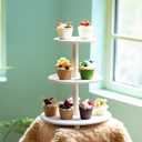 GENMOUS 3 Tier Beaded Cupcake Stand for Farmhouse Wedding Decor, Rustic Wood Cupcake Tower Holder for 24 Cupcakes, White Three Tiered Serving Tray Dessert Display Stand for Birthday Party Baby Shower