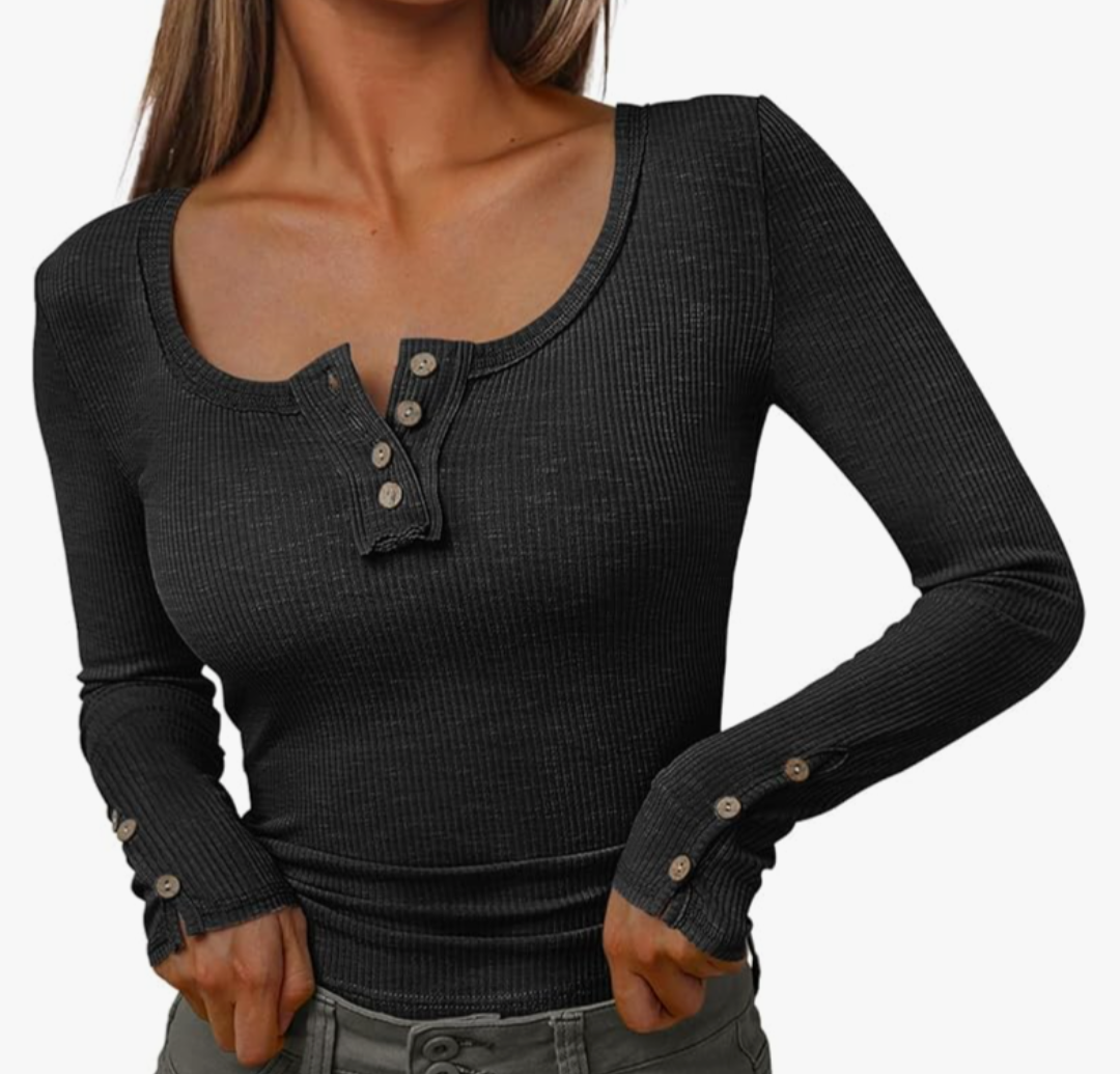 Kissfix Womens Long Sleeve Shirts Going Out Fall Clothes Casual Henley Tops Ribbed Knit Blouses Fashion Trendy Outfits(XXL)