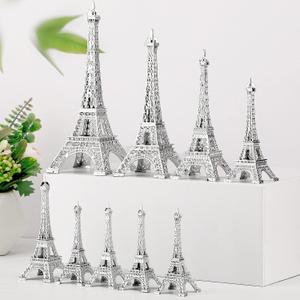 Hotop 9 Pcs Eiffel Tower Statue Decor Alloy Metal Paris Py Decoration 5 Size French Table Stand Holder Gift for Cake Topper Collectible Figurine Replica Home (Silver)