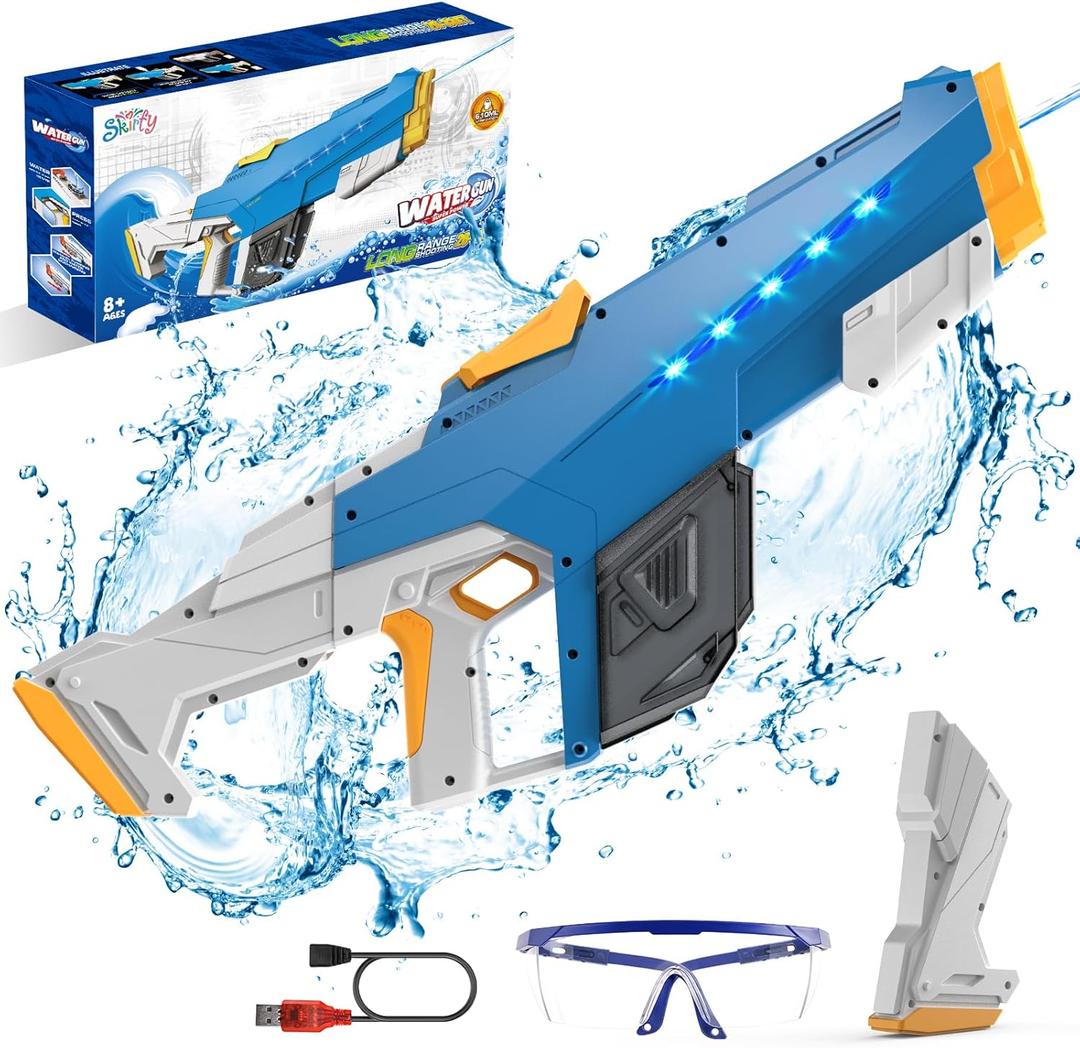 Skirfy Electric Water Gun for Adult Kids, Outdoor Automatic Water Suction Water Toys Squirt 32 FT Range, Water Guns Summer Beach Pool Lawn Party Games Blue