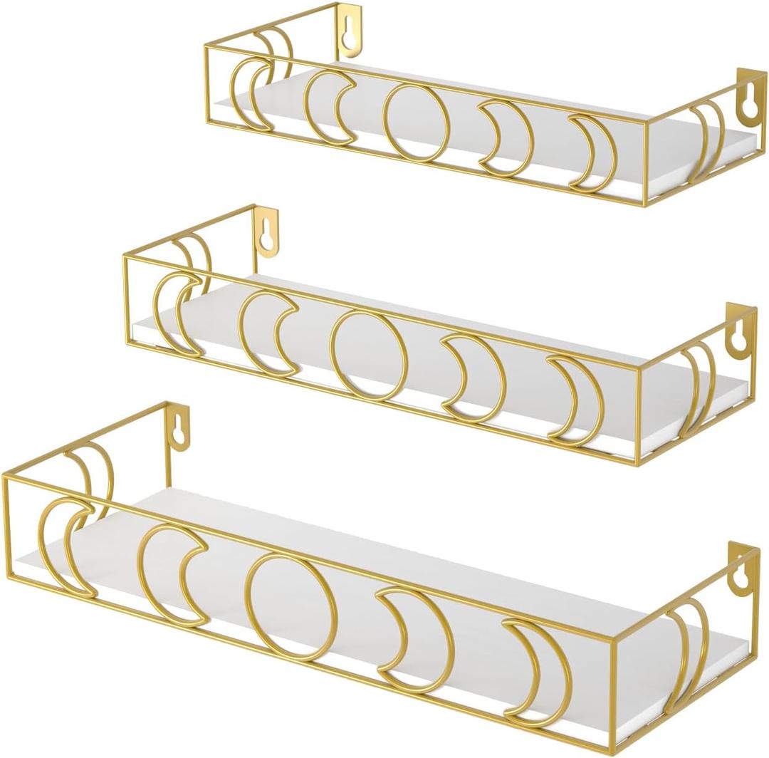 PHAREGE Moon Phase Floating Shelves White Gold, Set of 3 Small Decorative Wall Shelves for Book Plant Storage, Crystal Figurine Collectibles Display Shelf for Bedroom Kid Room
