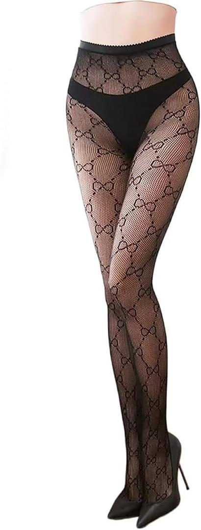 TISTIPPL Fishnet Stockings Fashion Letter Tights for Women Lace Leggings High Waisted Pantyhose Stockings (Black)
