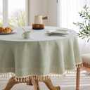 Linen Tablecloth with Tassels, Farmhouse Style Green Tablecloth, Water Resistant Burlap Tablecloths for Round Table, 60 Inch Round Green