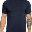 Mens Gym Workout Slim Fit Short Sleeve T-Shirt Cotton Performance Athletic Shirts Running Fitness Tee Loungewear (Dark Blue,Black Medium)