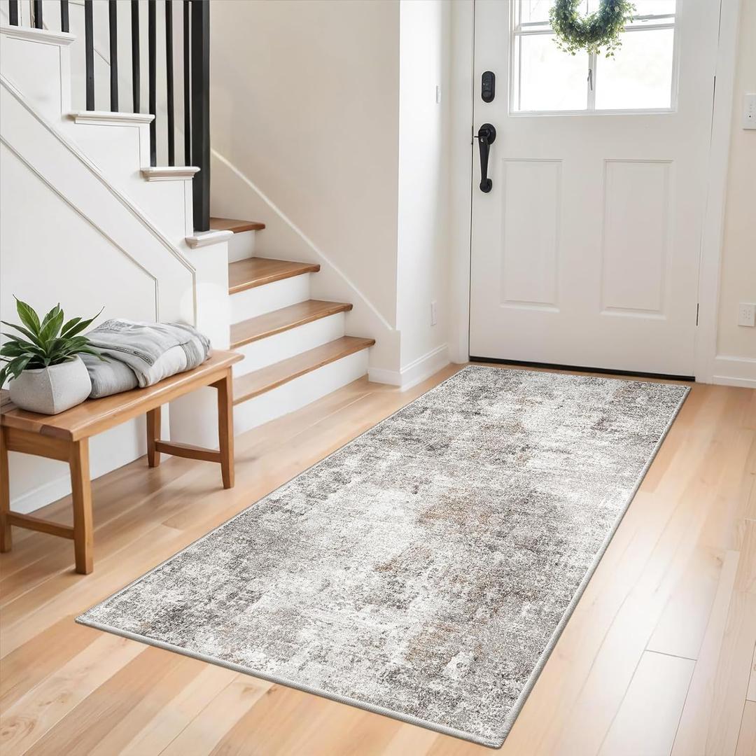 Washable 3x5 Entryway Rug - Non-Slip Soft Low-Pile Thin Small Area Rugs for Kitchen Bedroom Living Room Hallway Modern Abstract Neutral Door mat Indoor Beige Grey
