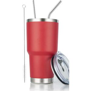 DS 30oz Red Tumbler Stainless Steel Double Wall Vacuum Insulated Mug with Straw and Lid, Cleaning Brush for Cold and Hot Beverages (30oz Red)