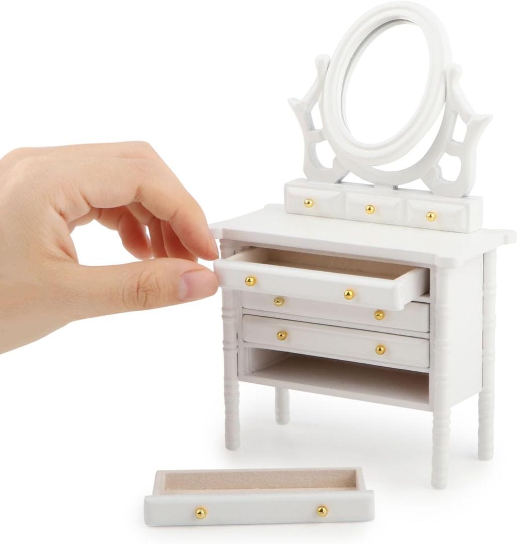 Miniature Dollhouse Vanity Table 1 12 Furniture Makeup Dressing Table with Mirror and 4 Drawers Mini House Accessories Bedroom Living Room Scene Decoration (White)