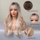 Esmee Long Wavy Ombre Blonde Wigs with Bangs for Women Natural Synthetic Hair Heat Resistant Ombre Wigs with Dark Roots for Daily Party Cosplay Use-24 Inches