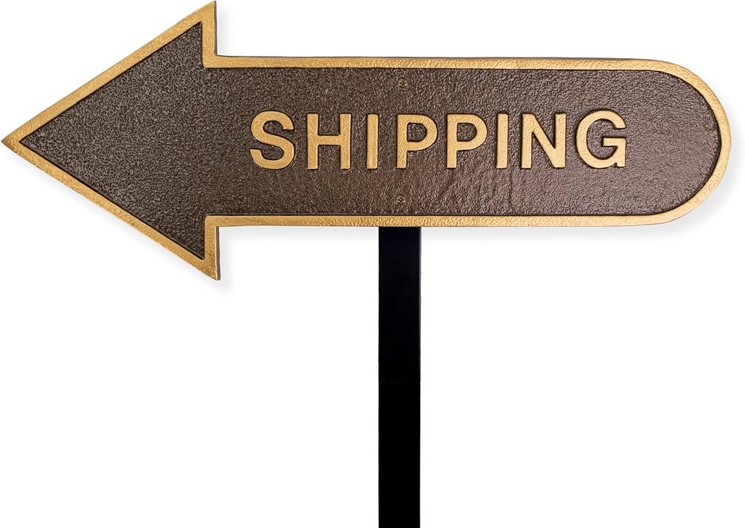 6" x 15.5" Left Arrow Shipping Statement Plaque Sign with Lawn Stake - Hammered Bronze