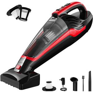 Powools Pet Hair Handheld Vacuum - Car Vacuum Cordless Rechargeable, Well-Equipped Hand Vacuum for Carpet, Couch, Stairs, Powerful Handheld Vacuum Cordless w/Motorized Brush, Red (PL8726)