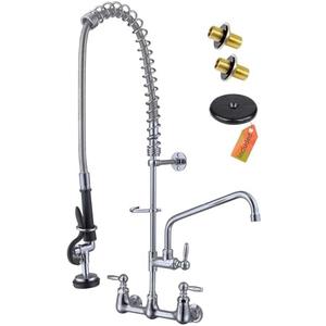 Commercial Sink Faucet with Pre Rinse Sprayer, Wall Mount Kitchen Faucet for 3 Compartment Sink, 36" Height, 8 Inch Restaurant Commercial Faucet with 12’’ Spout, Brass, Industrial