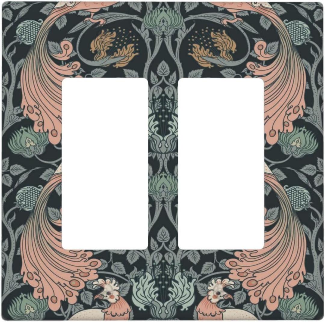 Rougui Decorative Outlet Covers William Morris Green Plant Boho Leaf Pink Peacocks 2 Gang Wall Plate Double Rocker Decora Light Switch Cover Plate Jumbo Dual Electrical GFCI Switch Plate Cover (2-Gang Rocker /4.6 x 4.5 IN)