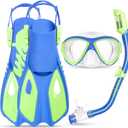 Kids Mask Fins Snorkel Set, Dry Top Snorkeling Gear for Kids Youth Boys Girls Junior Age 5-15 Tempered Glass Snorkel Mask Set Panoramic View Snorkeling Packages (XS(11-1), Blue+Green)