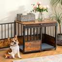 KOOPRO 32 Inch Dog Crate Furniture with Cushion for Large Medium Dogs, Wooden Heavy Duty Dog Kennel with Double Doors, Decorative Pet House Dog Cage Side End Table Indoor, Sliding Door Chew-Resistant