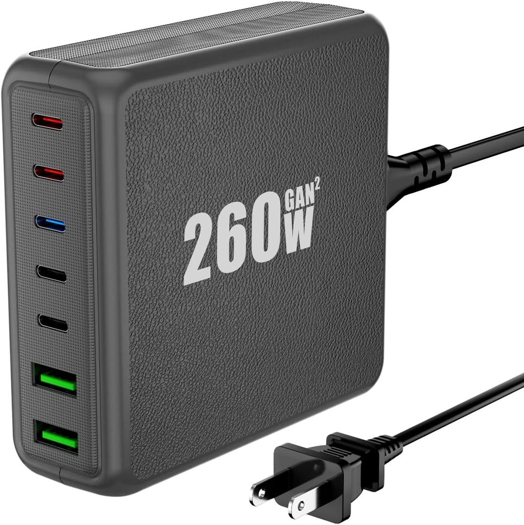 USB C Charger Block, 260W 7-Port Desktop USB C Charger, 2x65W Ports Laptop Charging Compatible with MacBook Pro/Air, iPad Series,iPhone 14/13/Mini/Pro/13Pro Max/12, Galaxy (grey)