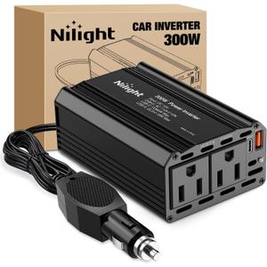 Nilight 300W Power Inverter 12V DC to 110V AC Car Converter with PD 65W USB C & QC3.0 for Phones Tablets Laptop Computer Game Console Kindle iPad DVD Players Black