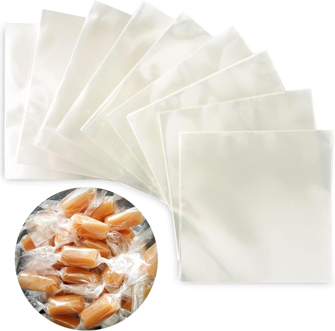 Clear Candy Wrappers for Caramels (300 Pcs 5 x 5 inches) - Natural Clear Cellophane Wrapper - Candy Wrapping Paper for Caramel, Chocolate, Nougat, and Lollipops (300 Count (Pack of 1))