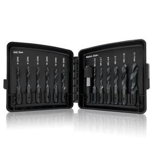 Drill & Tap Bits Set of 13 pcs - 6 SAE Sizes: 6-32NC to 1/4-20NC, 6 Metric Sizes: M3 to M10 and a Quick-Change Adapter  Combine Drilling Tapping Threading Countersinking Functions in One Bit, Black