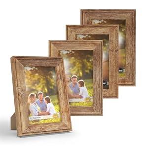 iRahmen 4x6 Picture Frame Set of 4, Rustic Brown Retro Photo Frame with Real Glass, Wood Farmhouse Style 4 x 6 Frames for Wall Mount and Tabletop Display