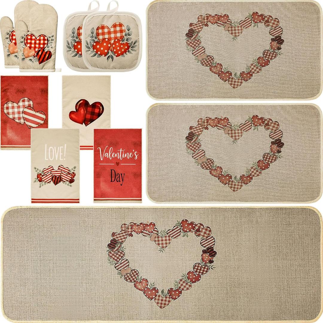 11 Pcs Valentine's Day Kitchen Decor and Accessories Set 3 Kitchen Mats 4 Love Heart Resistant Oven Mitts 4 Dish Towels,17x29&17x47 Inch Non Slip Rugs Valentine Decorations for Home