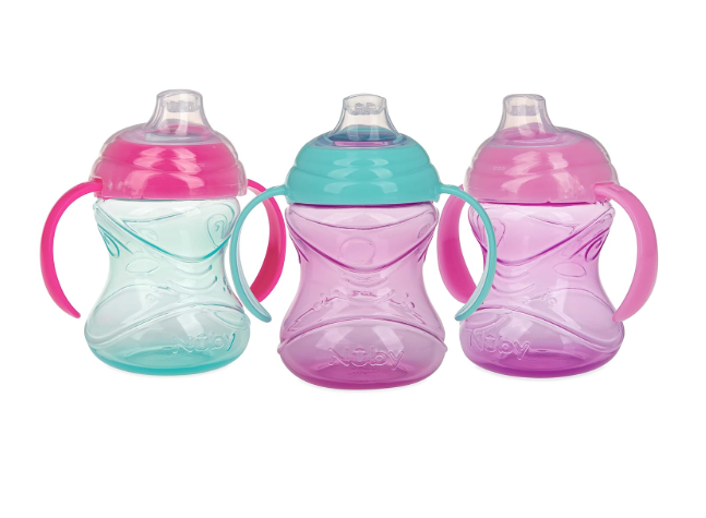 Nuby ClikIt Grip N' Sip Soft Spout NoSpill Training Sippy Cup with Handles  (3Pack) 10 oz  4+ Months  Aqua/Purple/Pink