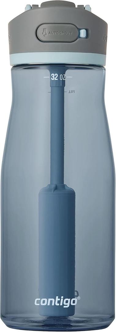 Contigo Wells Plastic Filter Water Bottle with Leak-Proof Straw Lid, Reusable 32oz Water Bottle with Carbon Fiber Filter for Travel, Everyday Use and Gifting, Dark Ice