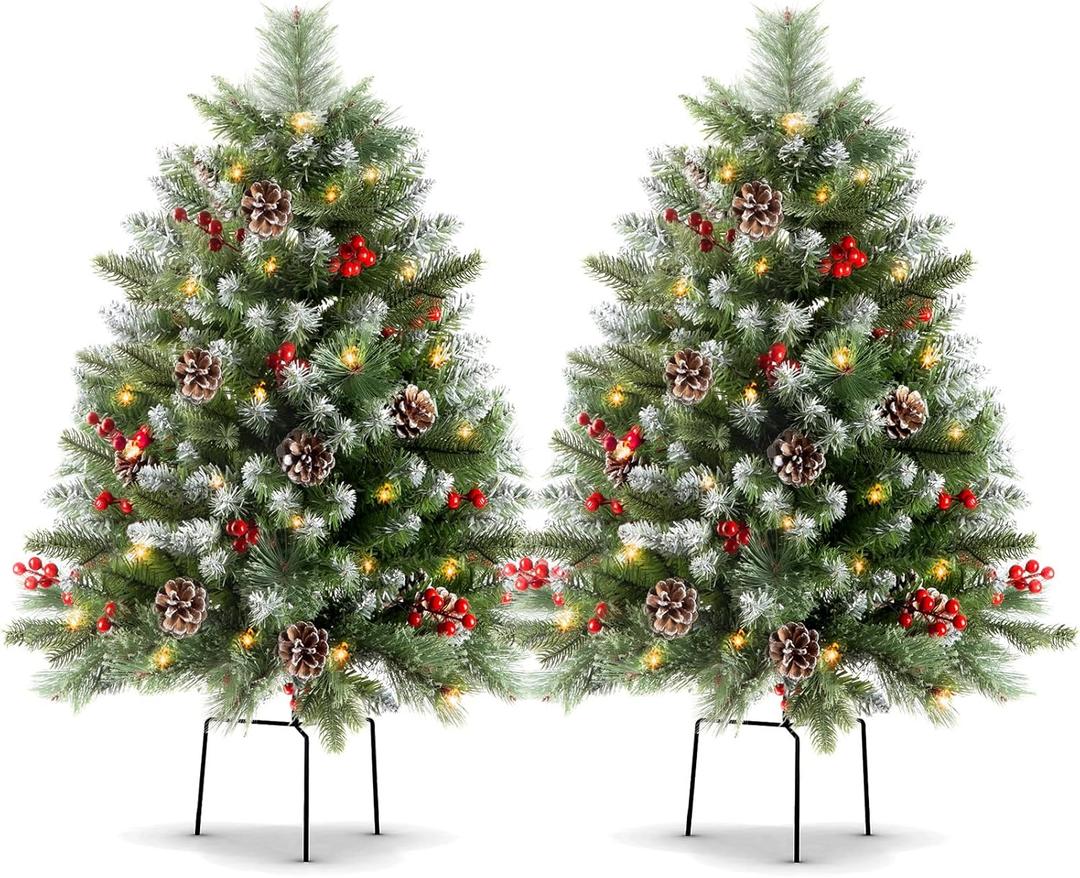 34" Prelit Small Christmas Tree with Lights, Battery Operated Xmas Tree with Pine Cedar Cones & Berries, Frosted Urn Filler, 50 LED Warm Lights with Timer, Outdoor for Porch and Pathway, 2 Pack