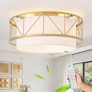 Gold Caged Ceiling Fan with Light, 20" Flush Mount Boho Ceiling Fans with Lights Remote Control, Low Profile Drum Fabric with 6 Speeds for Bedroom,Nursery,Living Room (White)