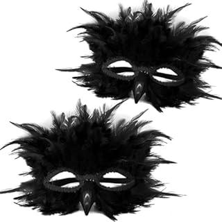 Simgoing 2 Pcs Couple Masquerade Masks Costume Feather Raven Crow Mask Mardi Gras Carnival Venetian Accessories for Women Men (Black, Crow)
