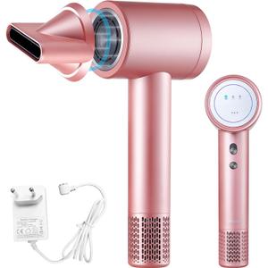 Cordless Ionic Hair Dryer with Digital Screen, 4 Mode Charging Blow Dryer with Magnetic Nozzle, Travel Hair Dryer for Women Kids Outdoor Camping Beaches (Pink)