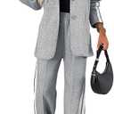 CHICME Womens Two Piece Outfits Striped Side Button Blazer and Pants with Pockets Sets Business Casual Pant Suits Set (Medium, Light Gray)