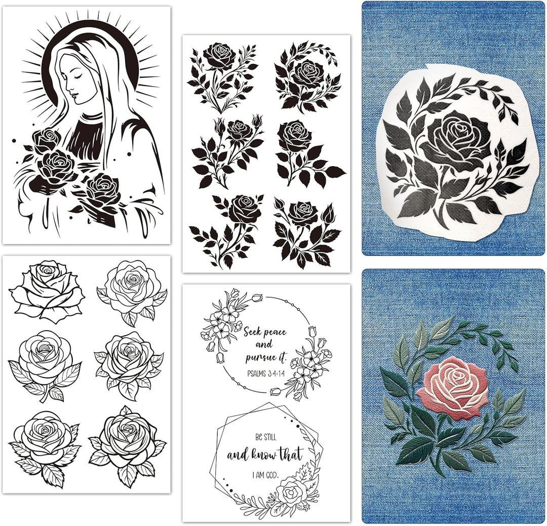 Rngmsi Water Soluble Embroidery Patterns - 4 Sheets Guadalupe Flower Stick and Stitch Embroidery Designs, Bible Floral Garland ReligiousTheme Wash Away Transfer Paper Stabilizers for Hand Sewing