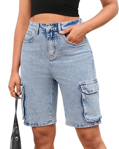 YEXPINE Women's Demin Cargo Shorts High Waisted Straight Leg Casual Jean Bermuda Shorts with Pockets Light Blue, 14