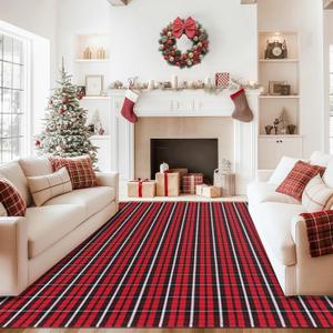 Christmas Rugs Red and Black Plaid, 8'x10' Area Rug Outdoor Indoor Front Porch Doormat Cotton Hand-Woven Layered Door Mats for Entryway Patio Entryway Laundry Bedroom Living Room