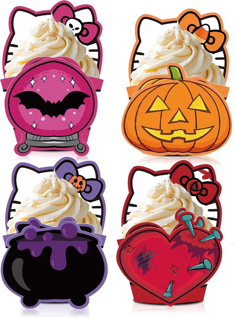 HOMEZZO 24 Pcs Halloween Cat Cupcake Toppers Wrappers, Spooky Ghost Kitty Cupcake Holders for Kids Birthday, Halloween Party Decorations