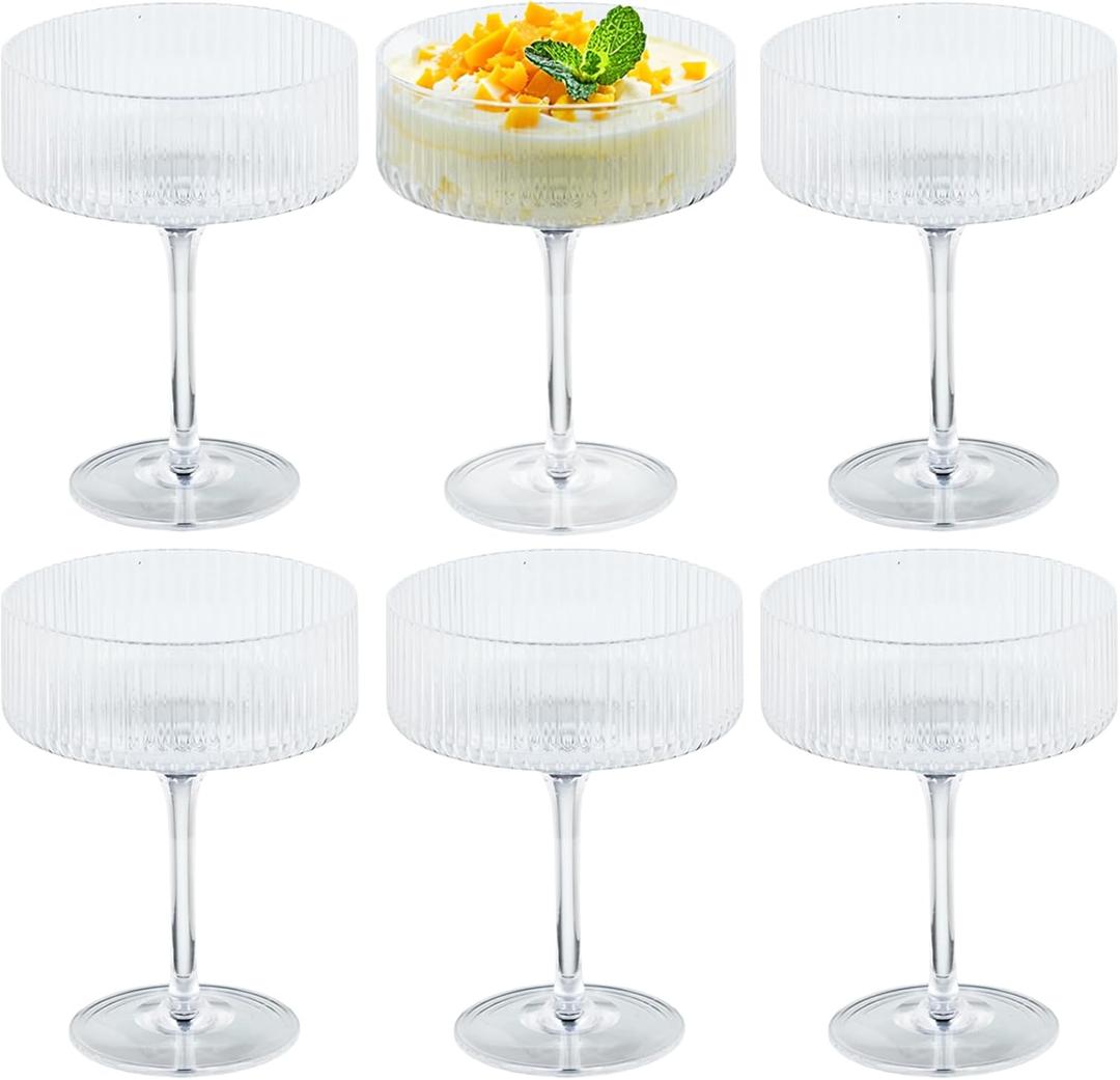 6 Pieces Martini Glasses 10.5oz Plasitc Ribbed Coupe Glasses Champagne Shatterproof Acrylic Vintage Cocktail Glassware Margarita Wine Glasses Disposable Cups for Parties Wedding Anniversary Bar Clear