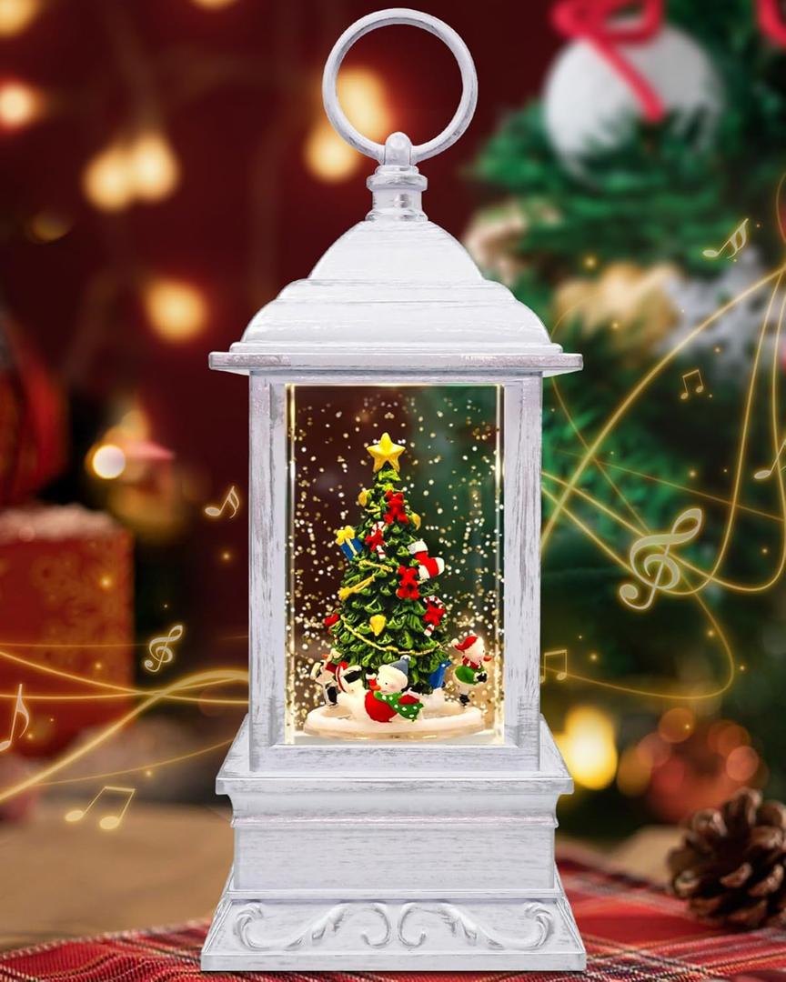 Christmas Tree Snow Globe Light up Lantern with 8 Songs, 10.8" White Rotating Electric Christmas Snow Globes for Kids Adults, 6H Timer & Dual Power, Snowglobes Christmas Decorations Indoor Gifts