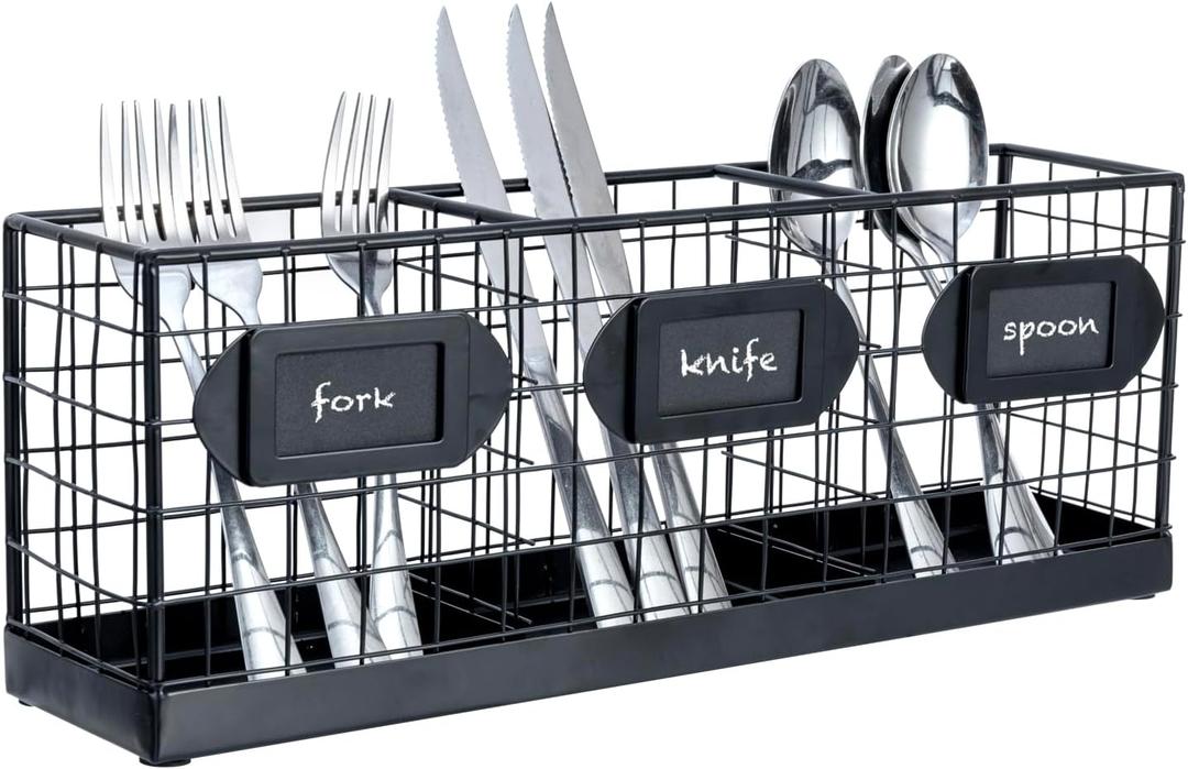 MyGift Wall Mountable Black Metal Utensil Holder Organizer, 15.7" Countertop Kitchen Silverware Flatware Caddy Holder Storage Basket with 3 Compartments and Chalkboard Labels