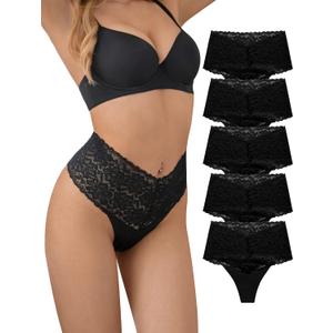 SHARICCA Women Seamless High Waist Underwear Sexy Floral Lace Thong Soft Comfortable Panties Pack (Large, 5 Black)