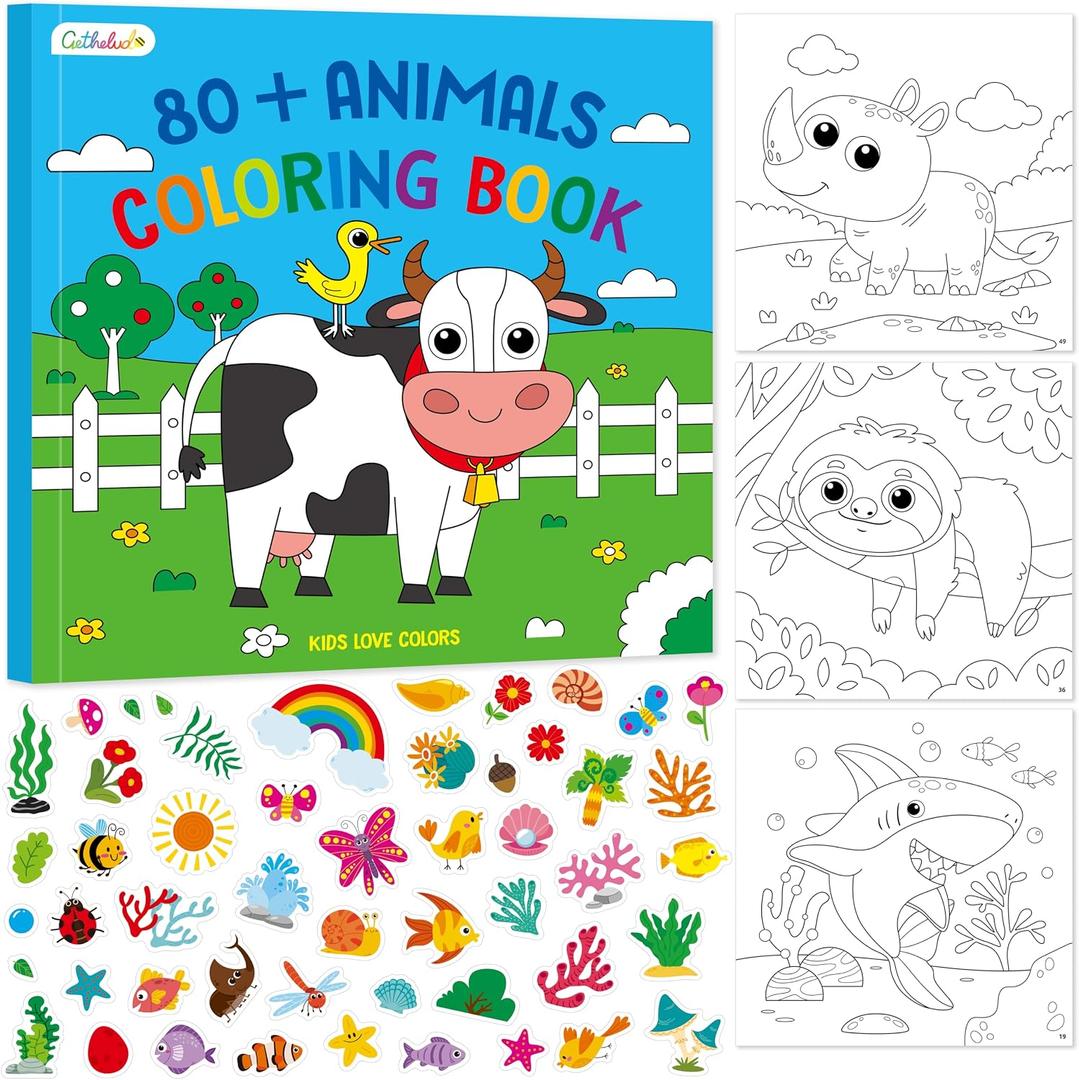 Coloring Activity Book, 50 Cute Coloring Pages with 200 Stickers, Dinosaur Farm/Marine/Wild Animal Scenes for Kids Relaxation, Comfy Day, Cozy Hygge Moment (8.3” x 8.3”)