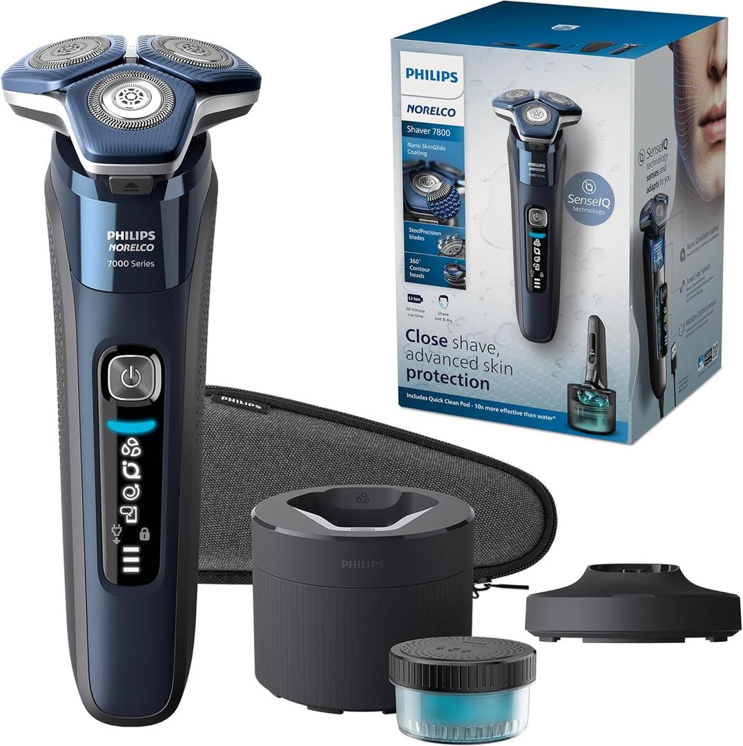 Philips Norelco Shaver 7800, Rechargeable Wet & Dry Electric Shaver with SenseIQ Technology, Quick Clean Pod, Charging Stand, Travel Case and Pop-up Trimmer, S7885/85 (Navy/Black)