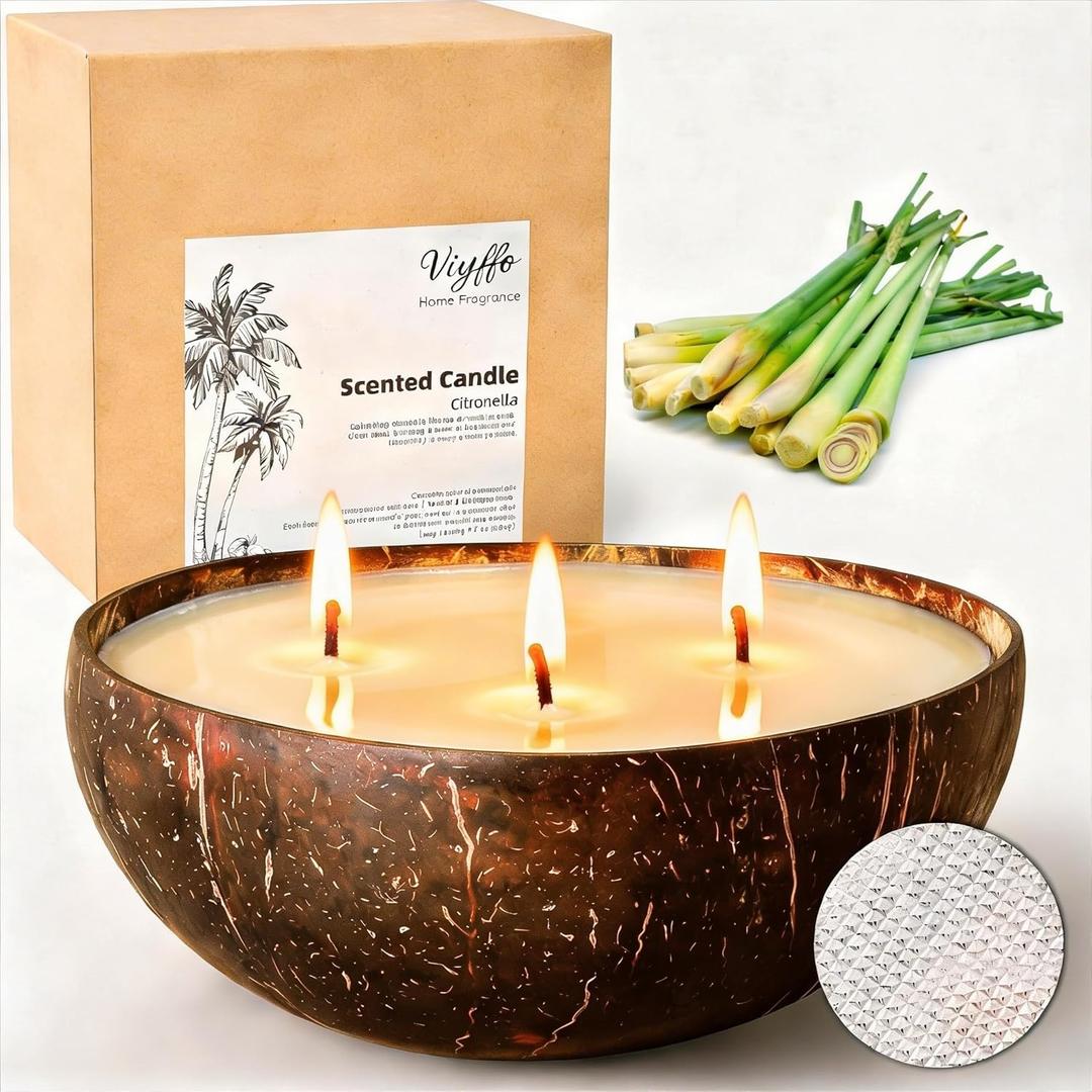 Viyffo 18oz Large Outdoor Citronella Candle, 3 Wick Non Toxic Soy Scented Candle in Natural Coconut Shell Jar, Patio Deck Garden Backyard Camping Candle, Rustic Home Dcor & Gift for Outdoor Lovers